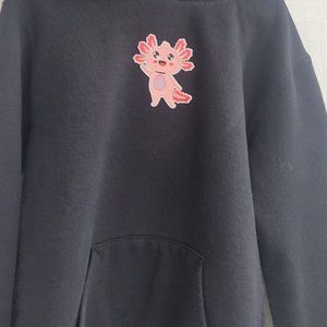 Size youth large black hoodie with pocket and axolotl iron on patch